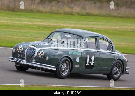 Jaguar Mk1 1959 mit Fahrer Justin Law. St. Marien Trophy Rennen, 2014 Goodwood Revival, Sussex, UK. Stockfoto