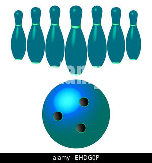 Bowling-Pins und Ball isoliert auf weiss Stockfoto