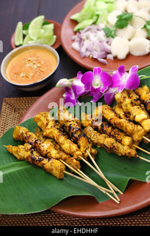 Chicken Satay, Sate Ayam und Lontong mit Erdnuss-Sauce, indonesischer Spieß Küche Stockfoto