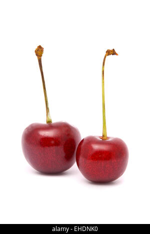 Zwei rote Kirschen auf weißem Hintergrund Stockfoto