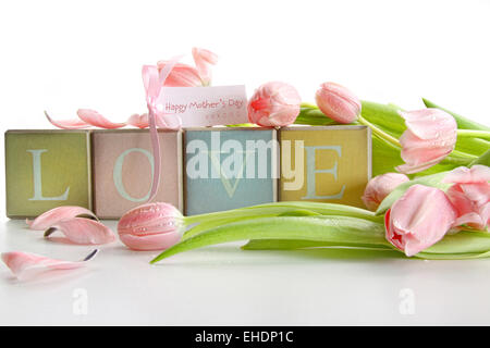 Farbige Blöcke mit Tulpen und Geschenkkarte Stockfoto