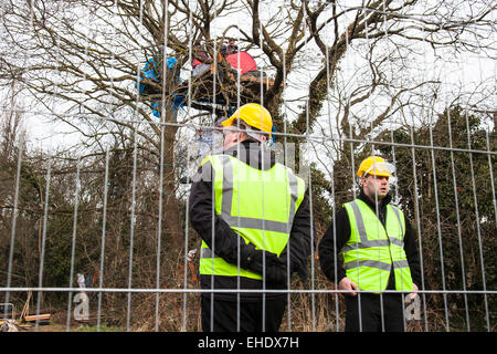 Bristol, UK. 12. März 2015. Gerichtsvollzieher zog nach Demonstranten gewaltsam zu vertreiben, die daran hindern, Beginn der Arbeit an einem neuen Projekt der Metrobus. Die Demonstranten verwendet Schlösser und Ketten, um Entfernung von Baum-Top Camps und Tunneln zu widerstehen.  Als Dunkelheit die meisten von denen fielen waren Besatzungsmacht Baumkronen noch in Kraft.  Bristol, UK. 12. März 2015. Bildnachweis: Redorbital Fotografie/Alamy Live-Nachrichten Stockfoto