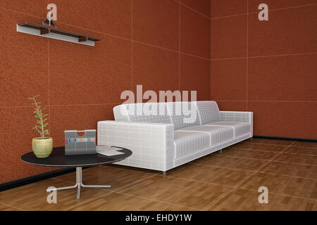 Seitenansicht von einem inneren Rendering aus einem Wohnzimmer mit Texturen und Drahtmodell Stockfoto