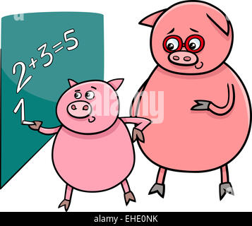 Cartoon Illustration der lustige Schwein Tier Charakter im Mathematikunterricht an der Tafel Stockfoto