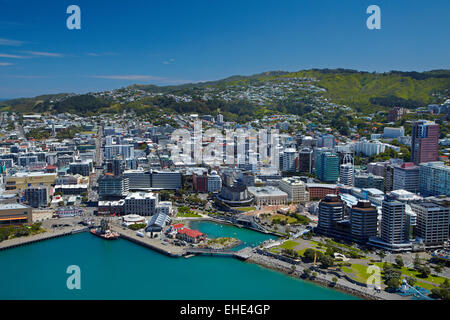 Wellington Hafen, North Island, Neuseeland - Antenne Stockfoto