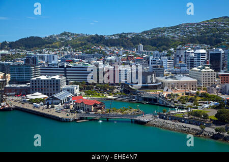 Wellington Hafen, North Island, Neuseeland - Antenne Stockfoto