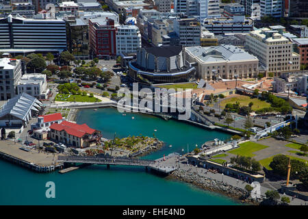 Lagune und The Boatshed, Wellington Waterfront, North Island, Neuseeland - Antenne Stockfoto