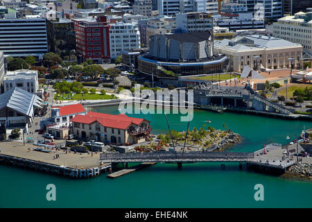 Lagune und The Boatshed, Wellington Waterfront, North Island, Neuseeland - Antenne Stockfoto