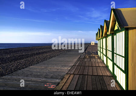 Strandhütten Cayeux-Sur-Mer, Picardie, Frankreich Stockfoto