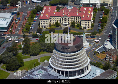 Bienenstock, Parlament Gelände und alte Regierungsgebäude, Wellington, Nordinsel, Neuseeland - Antenne Stockfoto