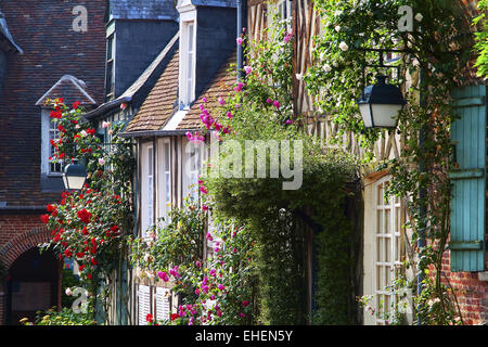 Häuser in Blüte, Gerberoy, Picardie, Frankreich Stockfoto