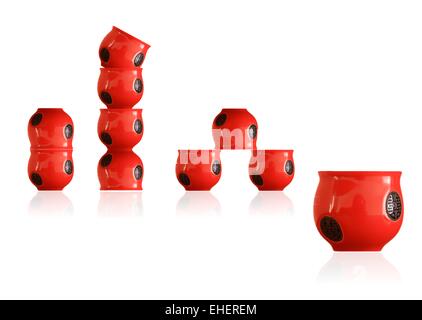 Satz von Tassen auf schwarz und weiß Stockfoto