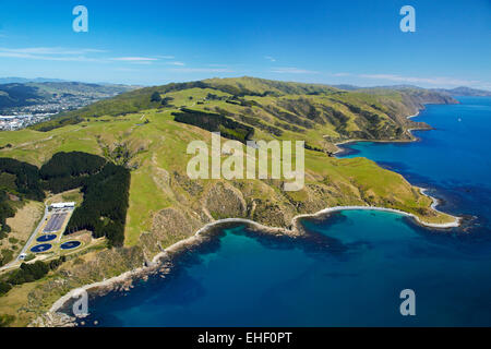 Green Point und Tirau Bucht, in der Nähe von Titahi Bay, Porirua, Region Wellington, Nordinsel, Neuseeland - Antenne Stockfoto