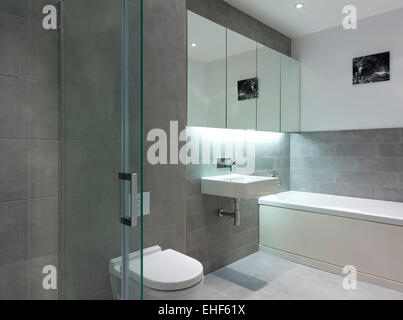 Blick durchs offene Glastüren, modernes Bad mit Waschbecken, WC und Bad in The Gap House, UK Stockfoto