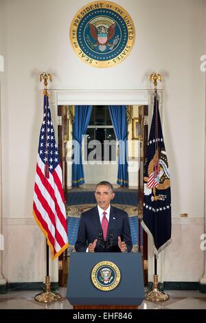 US-Präsident Barack Obama liefert eine Adresse an die Nation auf die Anti-Terror-Strategie gegen die Terrorgruppe ISIS im Irak und in Syrien aus dem Kreuz-Saal des weißen Hauses 10. September 2014 in Washington, DC. Stockfoto
