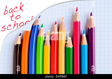 Satz zurück zu Schule und einige Bleistift Buntstifte in verschiedenen Farben auf ein Blatt kariertes Papier Stockfoto