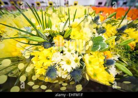 Bedfordshire, UK. 13. März 2015. Eine Masse von bunten Blumen sind im Verkauf bei Savin Blume Großhändler in der Nähe von Sandy, Bedfordshire in Bereitschaft zum Muttertag ist am Sonntag, 15. März.  Temperaturgeregelte Lagerraum enthält Tausende von Blumen und Blumensträuße für die Verteilung an lokalen Floristen und Einzelhändler in Bereitschaft für den erwarteten Ansturm auf Blumen wie an diesem Wochenende präsentiert zu kaufen. Bildnachweis: Julian Eales/Alamy Live-Nachrichten Stockfoto