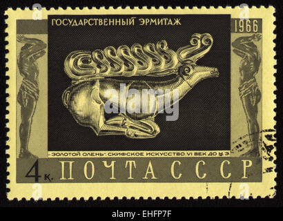 Gedruckt in der UdSSR Briefmarke zeigt goldene Hirsch Stockfoto