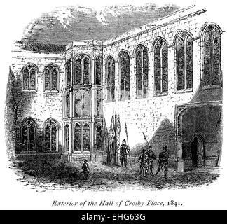 Gravur von der Außenseite der großen Halle von Crosby Platz (Crosby Hall) 1841 an hochauflösenden aus einem Buch gescannt gedruckt im Jahre 1867. Stockfoto