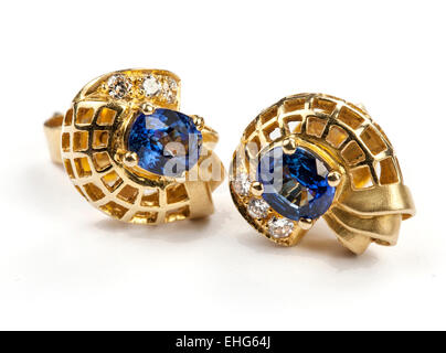 18 ct Gold, Smaragd und Diamanten Ohrringe. Stockfoto