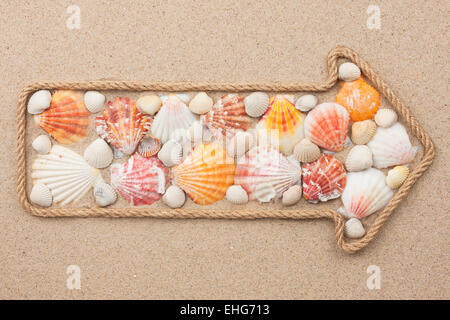 Zeiger des Seils mit Muscheln, auf dem Sand liegen gemacht Stockfoto