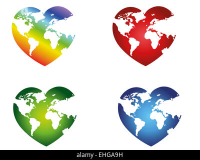 Darstellung der verschiedenen Weltkarte Herzform Stockfoto