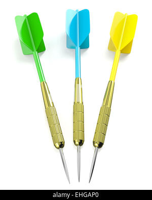 Drei darts Pfeile, rot, blau und gelb Stockfoto