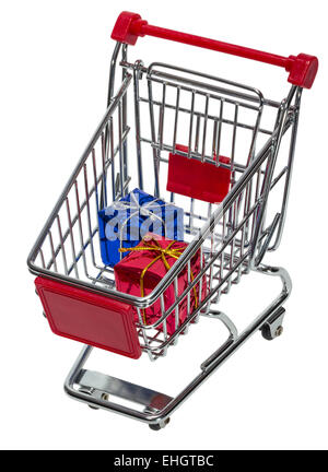 Warenkorb mit Geschenk-Boxen Stockfoto