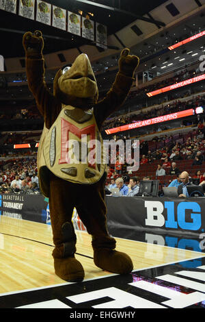 Chicago, IL, USA. 13. März 2015. Maryland Terrapins Maskottchen weist darauf hin, dass es sich in die Menge in der ersten Hälfte während der 2015 große zehn Männer Basketball-Turnier Spiel zwischen Indiana Hoosiers und Maryland Terrapins im United Center in Chicago, IL. Patrick Gorski/CSM/Alamy Live-Nachrichten Stockfoto