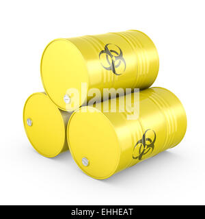 Drei gelbe Fässer mit Biohazard-symbol Stockfoto