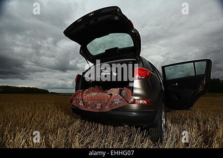 SUV im Feld Herbst Wolken Stockfoto