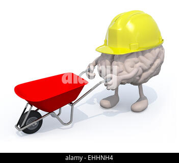 menschlichen Gehirns mit Armen, Beinen und Workhelmet trägt eine Schubkarre, 3d illustration Stockfoto