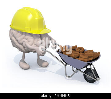 menschlichen Gehirns mit Armen, Beinen und Workhelmet trägt eine Schubkarre mit Buchstaben, 3d illustration Stockfoto