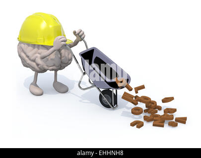 menschlichen Gehirns mit Armen, Beinen und Workhelmet trägt eine Schubkarre mit Buchstaben, 3d illustration Stockfoto