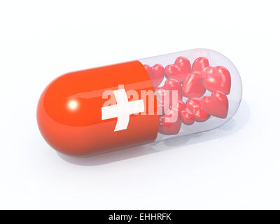 rote Pille mit Kreuz gefüllt mit Herzen, isoliert 3D-Illustration Stockfoto