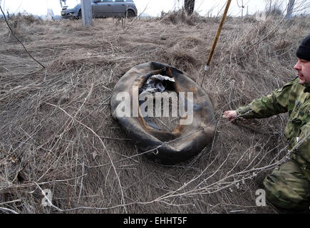 Lugansk, Ukraine. 12. März 2015. Pioniere haben entdeckt, eine improvisierte Sprengkörper - Task Force Sicherheitsdienst der Ukraine zusammen mit der Polizei auf Donnerstag, 12. März 2015, verhindert ein Terroranschlag in der Nähe der kritischen Infrastruktur der Region - Straßen- und Schienenverkehr in der Region Luhansk. Gefunden auf der Seite der Straße "Lissitschansk-Artemivs'k" improvisierten Sprengsatz Gesetzeshüter gerichtet Aktion getarnt als ein Feuerlöscher. Bildnachweis: Igor Golovnov/Alamy Live-Nachrichten Stockfoto