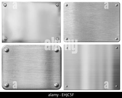 Stahl Metallplatten oder Schilder set mit Nieten isoliert Stockfoto