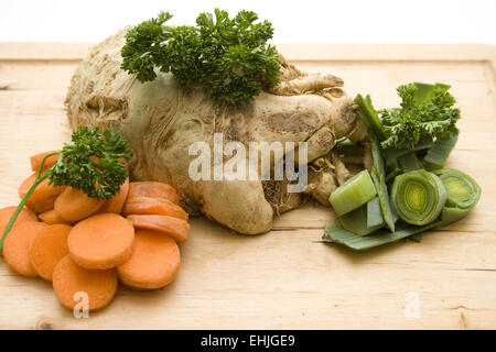 Karotten-Sellerie und Lauch Stockfoto