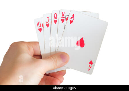 Mannes Hand mit fünf Karten spielen (ein paar schlechte), isoliert