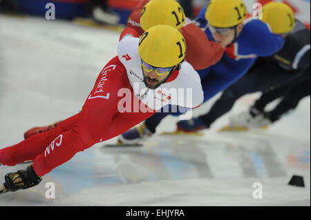 Moskau, Russland. 14. März 2015. Kanadas Charles Hamelin konkurriert die Männer 1500m-Finale bei der ISU Short Track Eisschnelllauf Weltmeisterschaft 2015 in Moskau, die Hauptstadt von Russland, 14. März 2015. Charles Hamelin beendete das Spiel den 3. Platz in einer Zeit von 2 Minuten und 18,117 Sekunden. Bildnachweis: Dai Tianfang/Xinhua/Alamy Live-Nachrichten Stockfoto