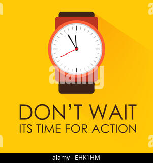 Zeit zu handeln und Don, t Wait Konzept. Stoppuhr Uhr tickt auf dunklen gelben Hintergrund. Moderne Wohnung design Stockfoto