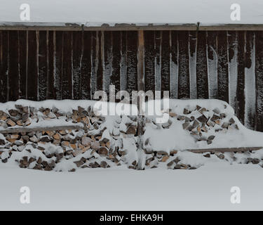 Detail der Schuppen und Holzstapel mit Schnee bedeckt Stockfoto