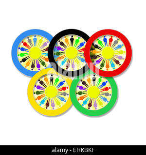 Multicolor Olympischen Ringe mit kleinen Männchen auf dem weißen Hintergrund isoliert Stockfoto