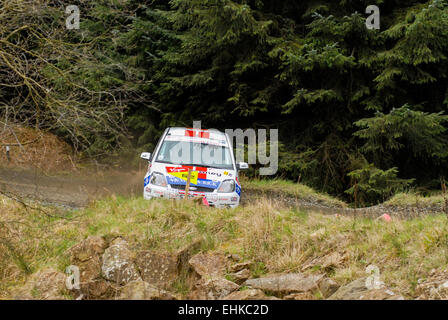 Elfyn Evans rollt seinen Ford Fiesta 2007 Pirelli internationale Rallye, das sind die einzigen Fotos des Vorfalls. Stockfoto