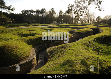 Die Shell Löcher und Gräben Landschaft von der WW1 Schlachtfeld bei Vimy Ridge, Belgien Stockfoto