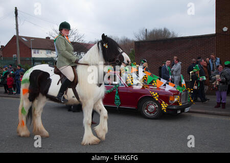 Manchester, UK 15. März 2015.  Der St. Patricks Irish Festival Wochenende.  Tausende Menschen säumten die Straßen mit ansehen, wie die St. Patricks Day Parade bildete seine Weise durch Manchester.  Die farbenfrohe Prozession auf den Weg vom Irish World Heritage Centre in Cheetham Hill vor, der seinen Weg zu Albert Square.  Fahnenträger, die Vertretung der 32 Grafschaften in die Smaragdinsel führte die Parade in der Innenstadt, gefolgt von Schwimmern aus irischen Verbände der Stadt. Stockfoto