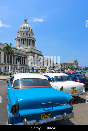 Alte amerikanische Autos vor dem Capitolio Nacional, Habana Vieja/Centro Habana, Havana, Kuba Stockfoto