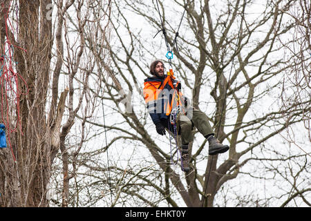 Bristol, UK. 15. März 2015. Ein Demonstrant wird auf den Boden gesenkt, vor einer Zwangsräumung.  Ein vierter Tag von Zwangsräumungen von einer Protest-Site, um zu verhindern, mit der Arbeit beginnen an einem Projekt Metrobus besetzt sah die Baumwipfel Lager geräumt und Demonstranten gewaltsam vertrieben. Bristol, UK. 15. März 2015. Bildnachweis: Redorbital Fotografie/Alamy Live-Nachrichten Stockfoto