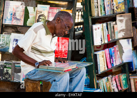 Ein Mann untersucht ein Buch auf einem Straßenmarkt in Plaza de Armas, Havanna, Kuba Stockfoto
