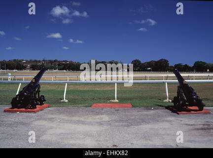 Zwei Kanonen auf Garrison Savannah Pferd Rennstrecke, Bridgetown, Barbados Stockfoto